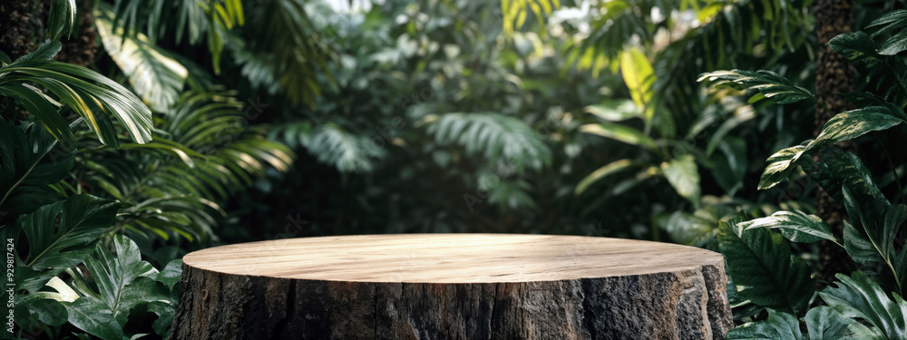 Poster empty round wooden platform podium on a blurred background of tropical forest, ideal for displaying 