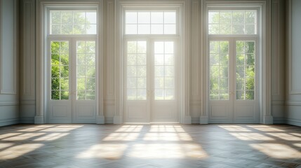 Obraz premium Sunlit Elegant Interior with Large French Windows Overlooking a Lush Green Garden, Featuring Classic White Walls and Parquet Flooring, Perfect for Modern Home Design Inspiration and Architectural
