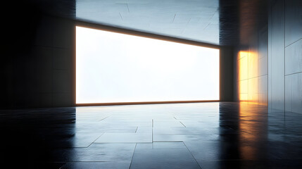 A minimalist interior space with a large illuminated window.