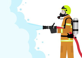 Fototapeta premium Firefighter Spraying Water to Extinguish Fire Flame. Vector Illustration. 