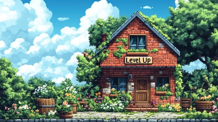 Fototapeta premium Charming Pixel Art Cottage with Lush Garden and Vibrant Flowers Under a Bright Blue Sky