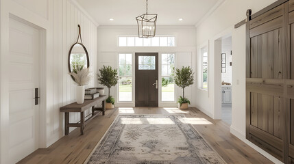 Modern farmhouse entryway. 3d rendering.