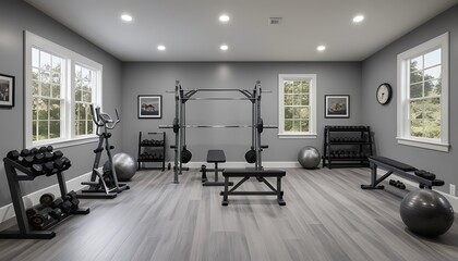 A cozy, gray-themed home gym featuring essential gym equipment like weights and benches, creating an inviting space for personal fitness routines and well-being.
