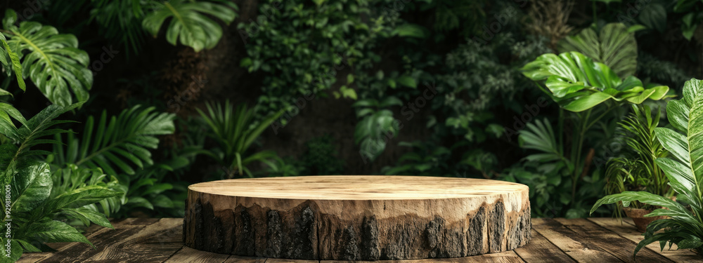 Poster empty round wooden platform displaying on lush tropical leaves background for product placement
