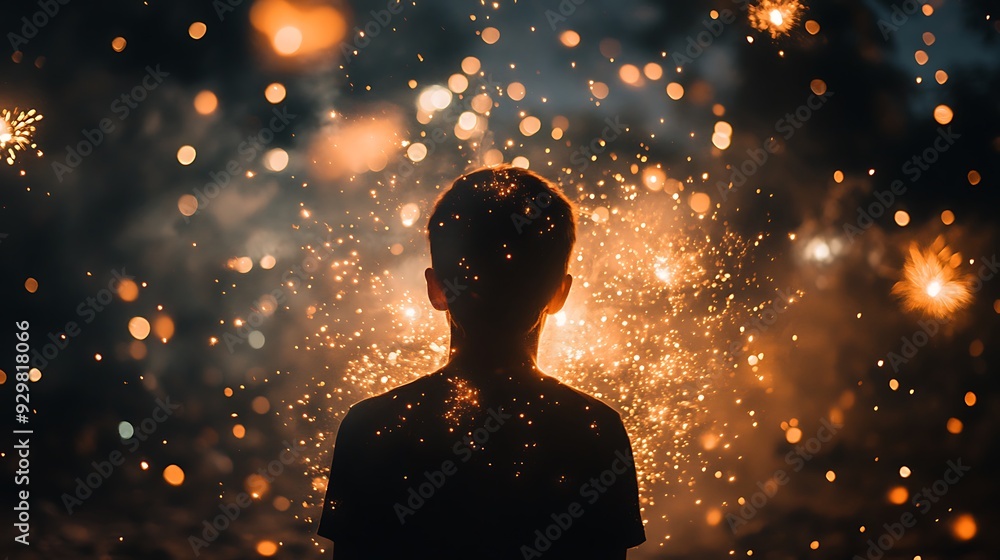 Poster silhouette of a person standing in front of a firework display.