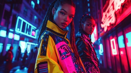 Obraz premium Two Stylish Women Standing in Neon-Lit City Street at Night.