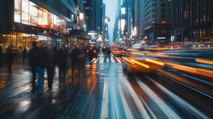 Fototapeta premium Cityscape at Night with Blurred Lights and Traffic in the Rain.