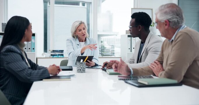 Business, people and conversation in office for meeting, performance review and project or policy update. Manager, discussion and team collaboration for feedback, sales report and strategy for growth