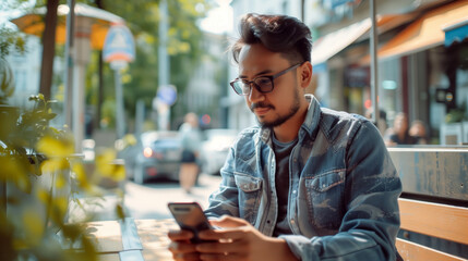 Young man in denim jacket using smartphone at an outdoor cafe in a bustling urban setting. Concepts of technology, communication, and modern lifestyle.