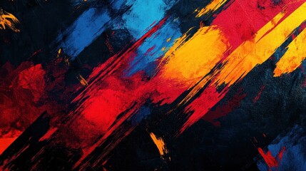Fototapeta premium Abstract Red, Yellow, and Blue Paint Strokes on Black Background - Artistic Texture