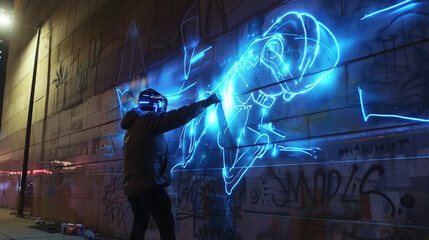 Neon Light Graffiti Artist Creating Futuristic Street Art on Urban Wall at Night
