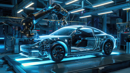 Fototapeta premium High-Tech Robotic Arm Assembling a Modern Electric Car in a Futuristic Automotive Factory
