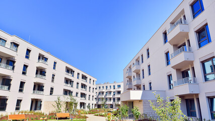 Modern architecture of urban residential apartment buildings on a sunny day. Facade of a modern apartment building.