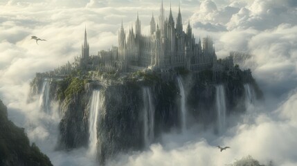 Majestic Fantasy Castle Perched on Clifftop with Waterfalls and Dragons in Clouds.