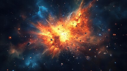 Fototapeta premium Cosmic Explosion in Space with Glowing Nebulae, Stars, and Debris - Abstract Digital Artwork.