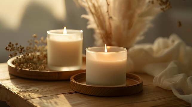 Two lit candles on wooden trays with dried flowers, creating a serene atmosphere.