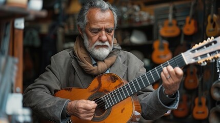 Obraz premium Elderly man playing classical guitar in a rustic workshop surrounded by guitars.