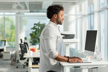 Using computer on an adjustable height desk stand in the office