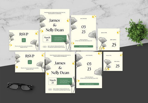 Cream and Green Wedding Invitation Set