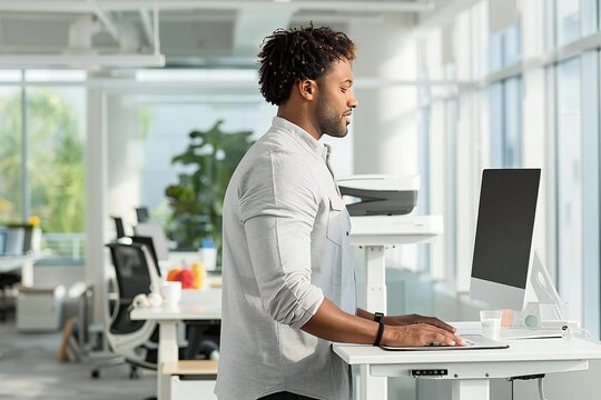 Using computer on an adjustable height desk stand in the office