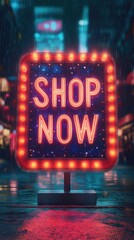 Vibrant Neon Shop Sign Illuminates Rainy Night in Urban Shopping District