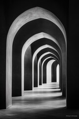 Black and white photo highlighting the interplay of light and shadows in a series of arched architectural columns.