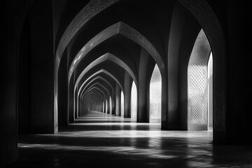 Obraz premium Monochrome photograph of an intricately designed arched corridor with light streaming through, creating geometric patterns on the floor.