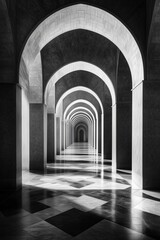 Long corridor with repeating arches and geometric flooring in monochrome tones, creating a modern and elegant architectural space.