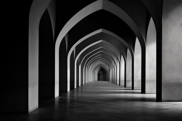 Obraz premium A black and white photograph of a symmetrical arched hallway with dramatic lighting and shadows enhancing architectural details.