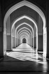 Obraz premium A beautifully lit, repetitive archway showcasing intricate Islamic architecture with patterns and sunlight casting dramatic shadows.
