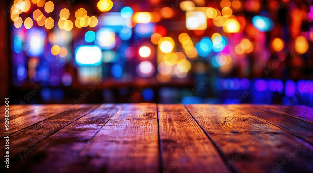Poster Empty wooden table showing festive bokeh lights background for product placement