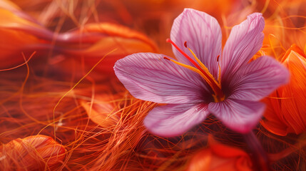 Fototapeta premium Close-up of a saffron flower with vibrant purple petals and red-yellow stamens, set against a background of saffron threads