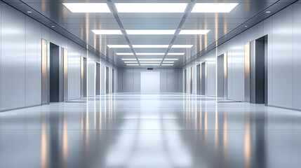 Obraz premium A modern corridor with multiple elevators and reflective surfaces.
