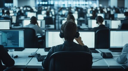 Back View of Businessperson Working at a Computer in a Call Center.
