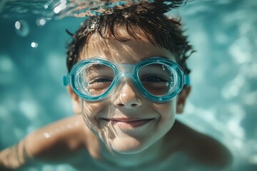 Naklejka premium A portrait of a child wearing swimming goggles having fun in a pool on summer holiday