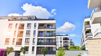 Modern architecture of urban residential apartment buildings on a sunny day. Facade of a modern apartment building.