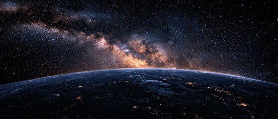 Obraz premium Earth from Space with Milky Way Galaxy and City Lights at Night.