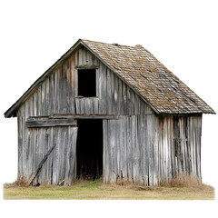 Rustic wooden structure with weathering and decay on white background.