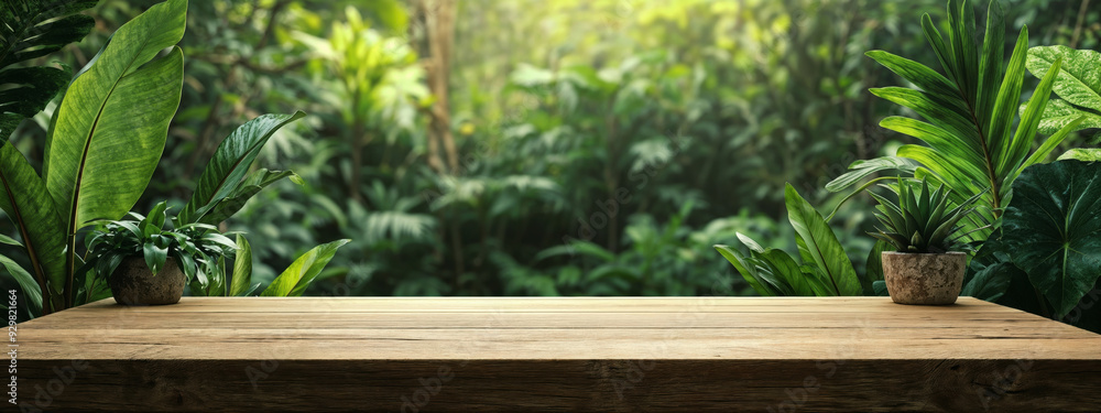 Poster empty round wooden platform with tropical plants and blurred forest background