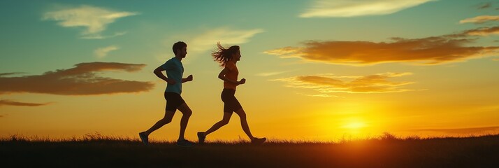 A loving couple enjoys jogging together at sunset, creating a perfect backdrop for their evening run, which is a wonderful activity for fitness enthusiasts who value health and happiness