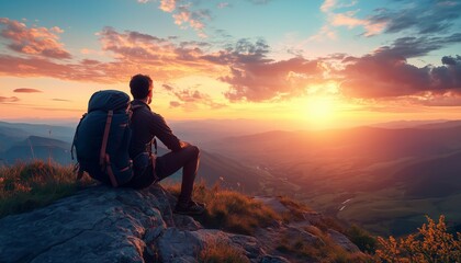 Obraz premium A hiker sits on a mountainside, watching the sun set over a picturesque valley in peaceful solitude.