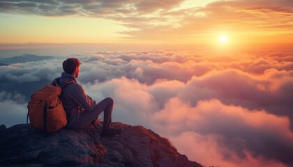 Obraz premium Man with a backpack sitting on mountain peak, watching a beautiful sunset above the clouds.