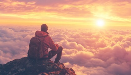 Obraz premium Solo hiker admires breathtaking sunrise from a mountain peak above the clouds, embracing nature and serenity.