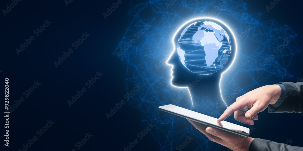 Poster Close up of man hand pointing at phone with blue world map inside polygonal head outline hologram on dark background with mock up place. Think, business, brainstorm and global technologies concept.