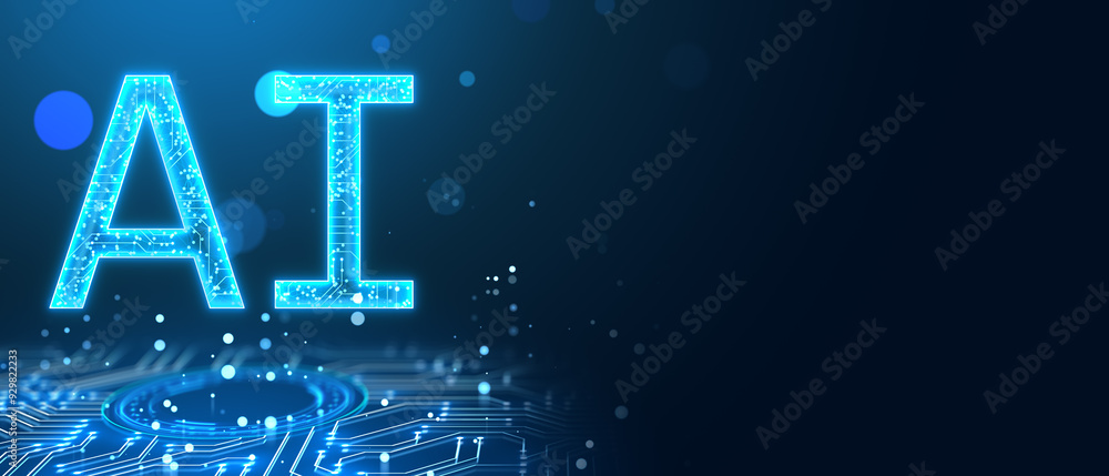 Fototapete Creative glowing blue ai hologram on blurry wide bokeh circles background with mock up place. Artificial intelligence and digital learning concept. 3D Rendering.