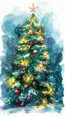 Watercolor Christmas tree illustration, Generative AI 