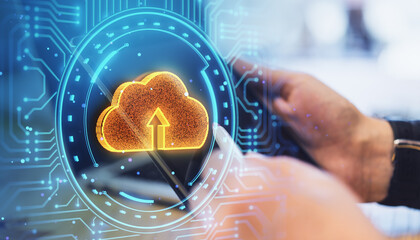 Close up of male hands using tablet with glowing digital cloud in circular tech hologram on blurry background. Cloud computing concept. Double exposure.