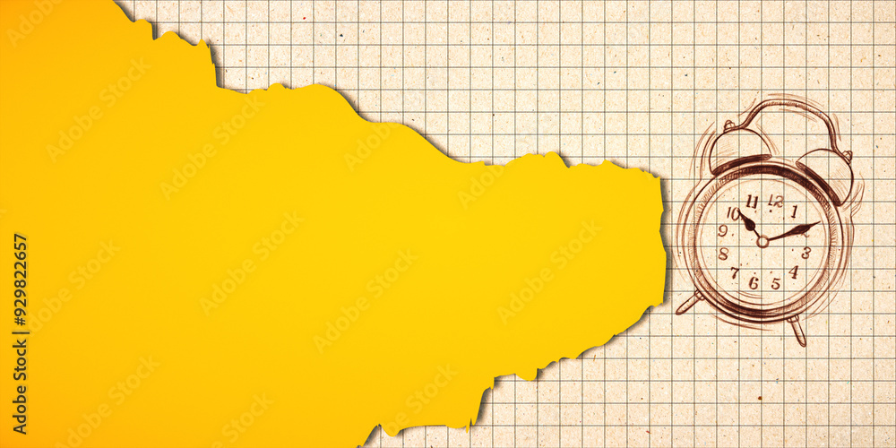 Poster creative drawn alarm on yellow grid copybook backdrop with mock up place. back to school concept. 3d