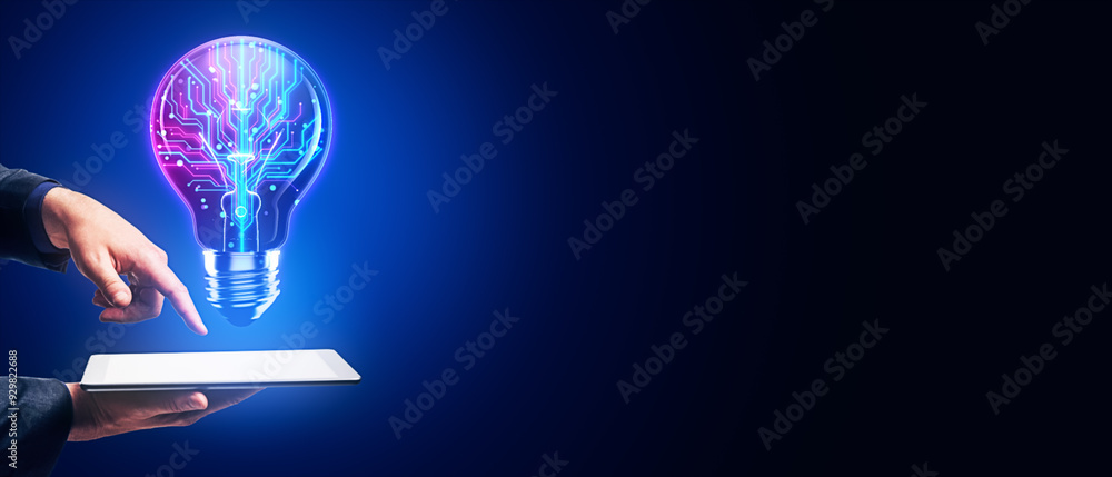 Poster Close up of businessman hand using smartphone with creative glowing blue circuit light bulb on wide dark blue background with mock up place. Artificial intelligence, knowledge and innovation concept.
