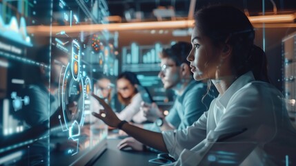 Woman interacting with futuristic digital interface in a busy tech office. Concepts of technology, innovation, and teamwork.